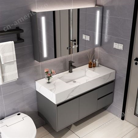 岩板一体盆浴室柜组合现代简约洗手台洗面盆卫生间洗漱台智能镜柜