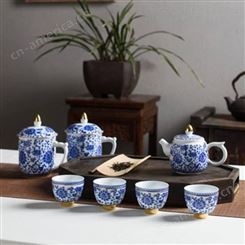 手工描金青花缠枝莲功夫茶具 景德镇陶瓷茶具套装 家用釉中彩整套茶具